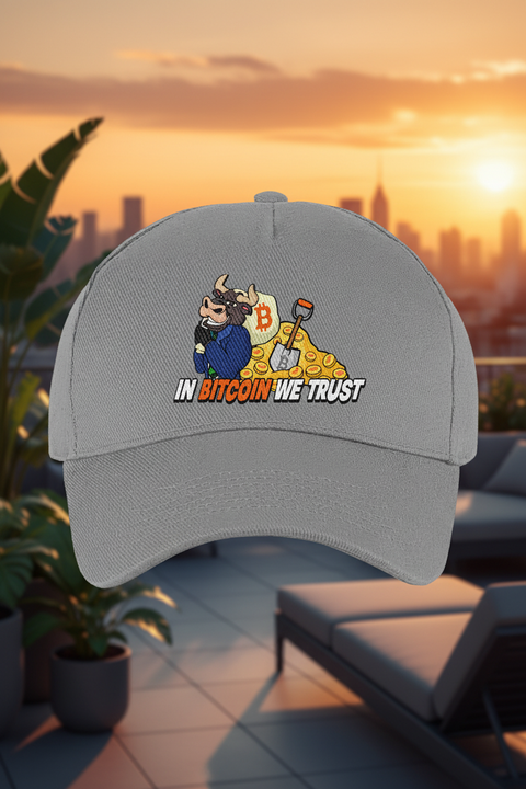 In Bitcoin We Trust Grijs Cap — rooftop urban sunset