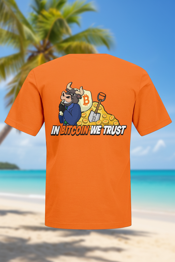 In Bitcoin We Trust T-shirt – Bruin, Geel, Oranje & Blauw