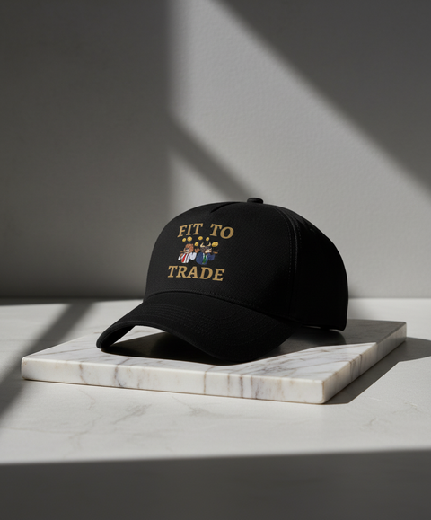 Fit to Trade zwart petje met bedrukt design op marmer etalage