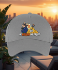 In Bitcoin We Trust Grijs Cap — rooftop urban sunset
