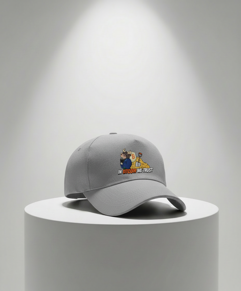 In Bitcoin We Trust grijs petje close-up luxe display