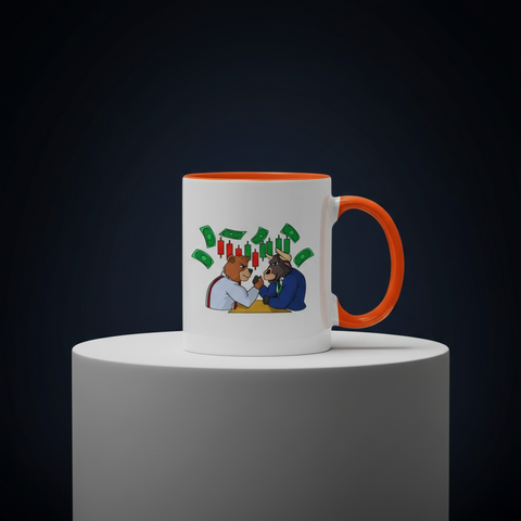 Traders arm-wrestling met geld mok - donkere etalage