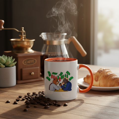 Traders arm-wrestling met geld mok - koffie setting